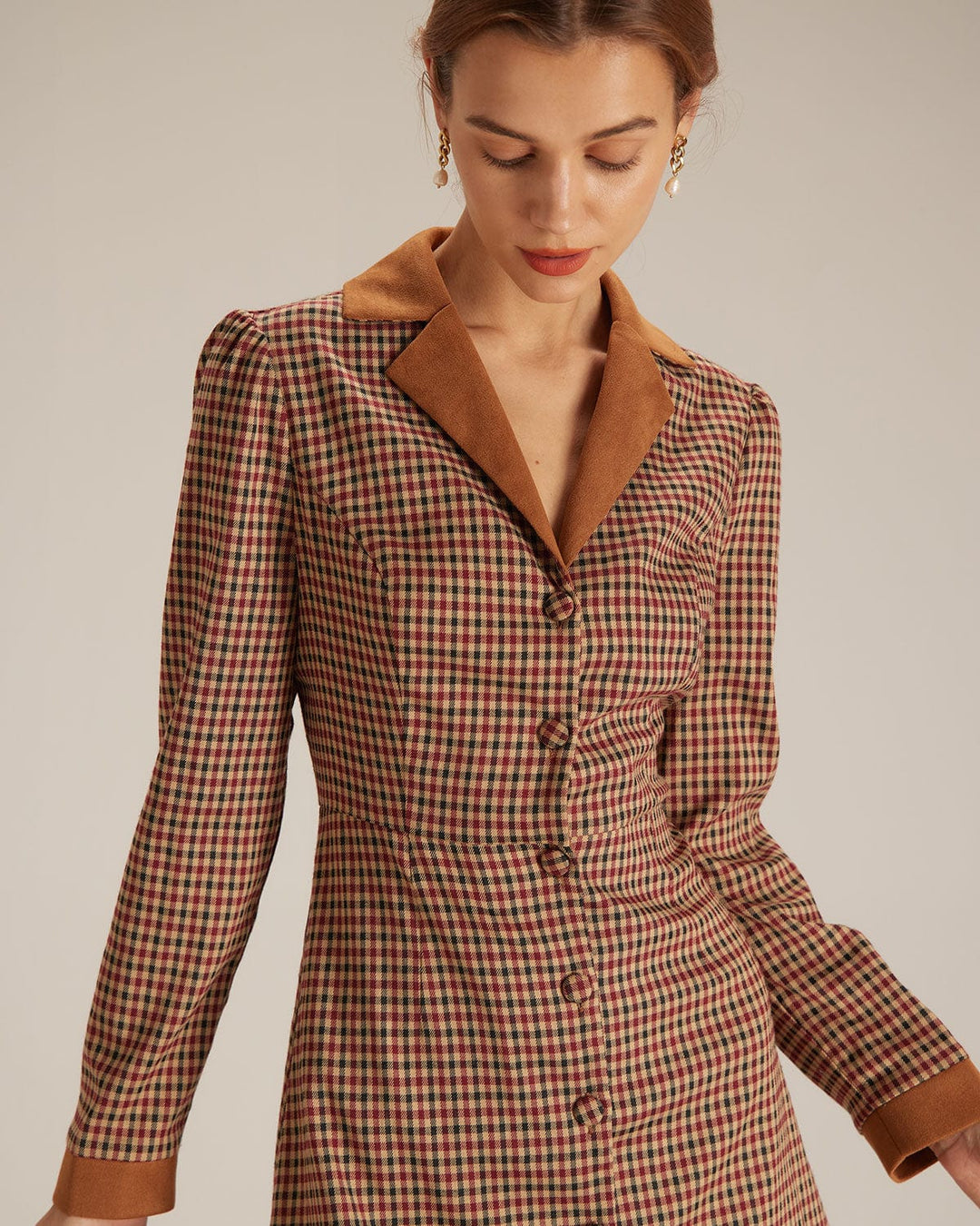 The Brown Plaid Spliced Suede Mini Dress - Celestia Couture