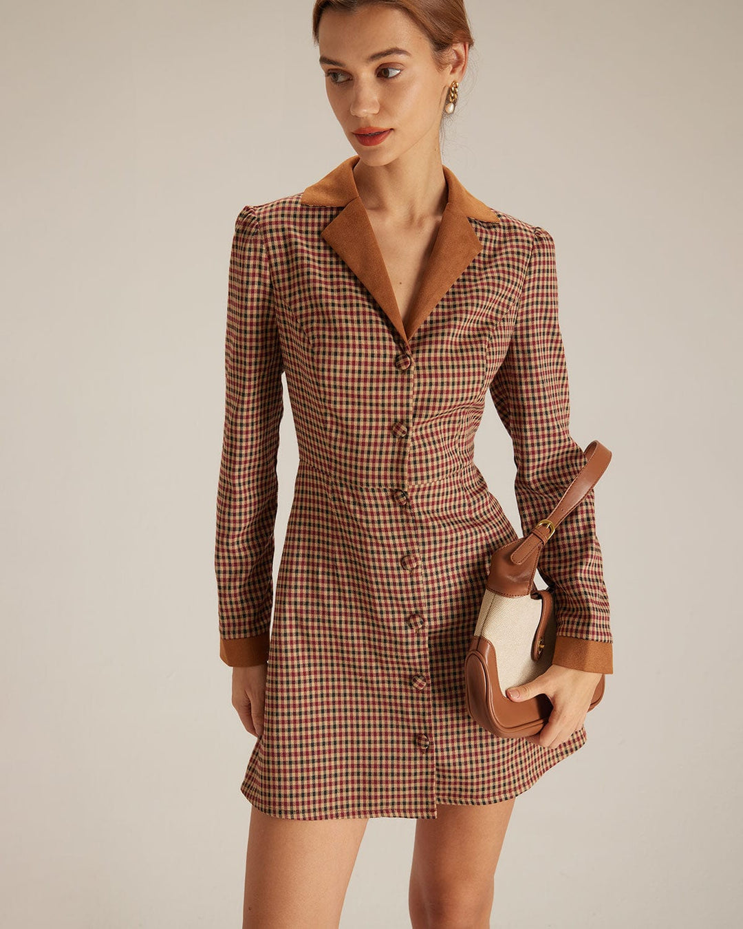 The Brown Plaid Spliced Suede Mini Dress - Celestia Couture