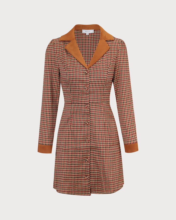The Brown Plaid Spliced Suede Mini Dress - Celestia Couture