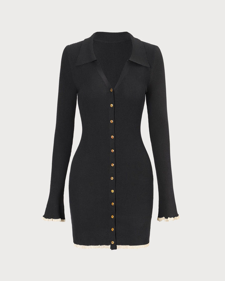 The Black V Neck Contrast Trim Knit Mini Dress - Celestia Couture