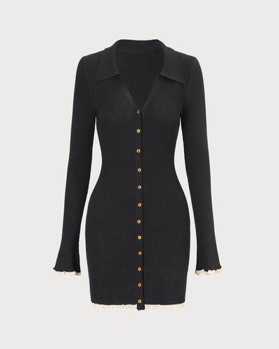 The Black V Neck Contrast Trim Knit Mini Dress