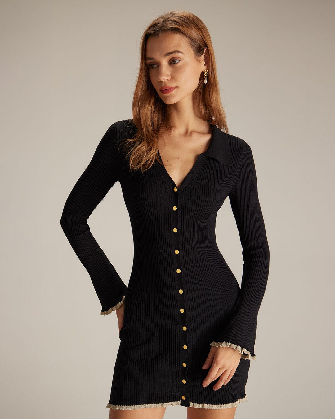 The Black V Neck Contrast Trim Knit Mini Dress - Celestia Couture