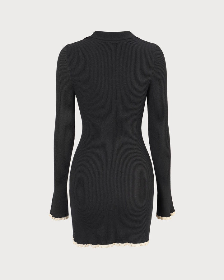 The Black V Neck Contrast Trim Knit Mini Dress - Celestia Couture