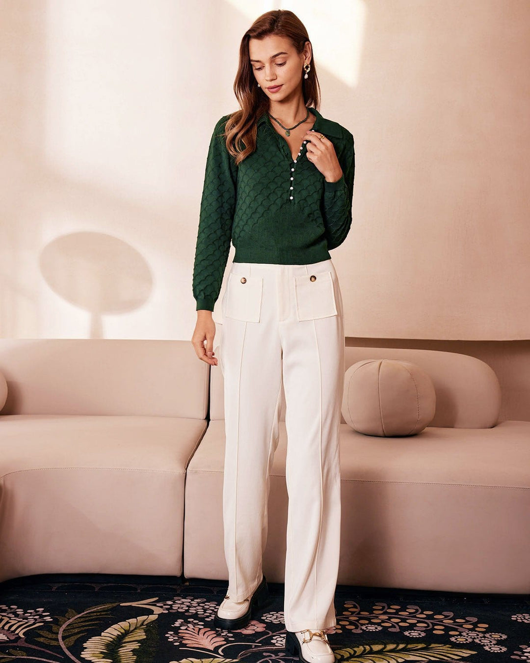 The Dark Green Lapel Ribbed Textured Knit Top - Celestia Couture