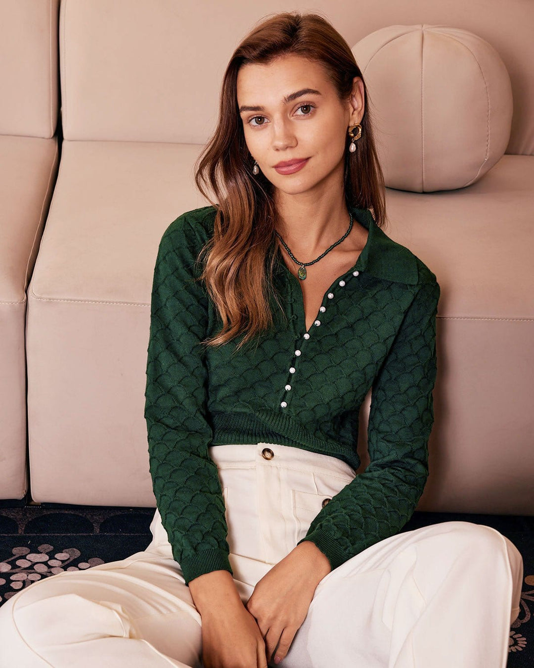 The Dark Green Lapel Ribbed Textured Knit Top - Celestia Couture