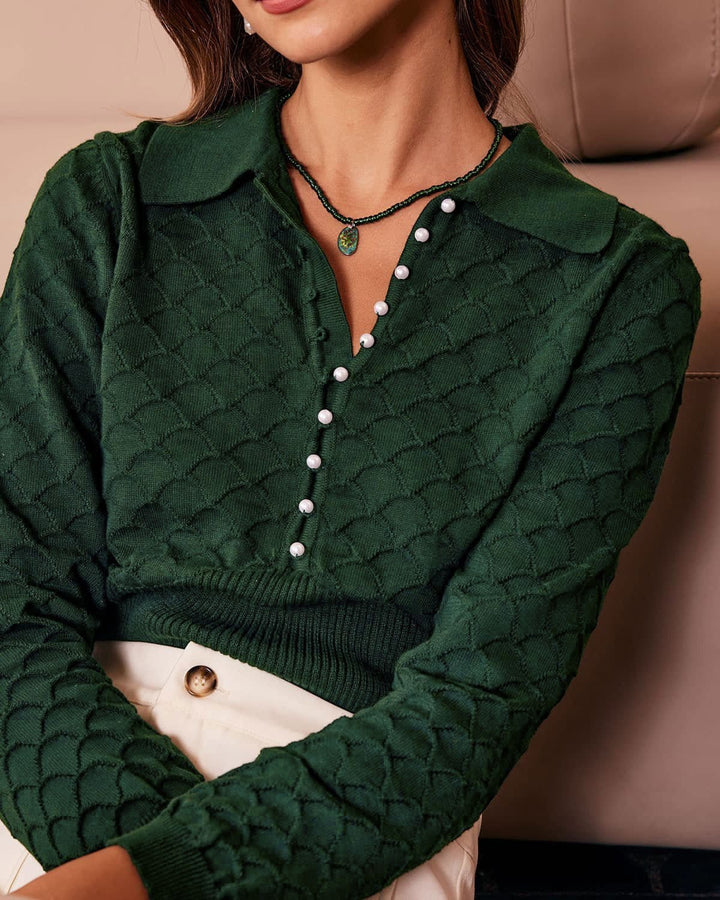 The Dark Green Lapel Ribbed Textured Knit Top - Celestia Couture