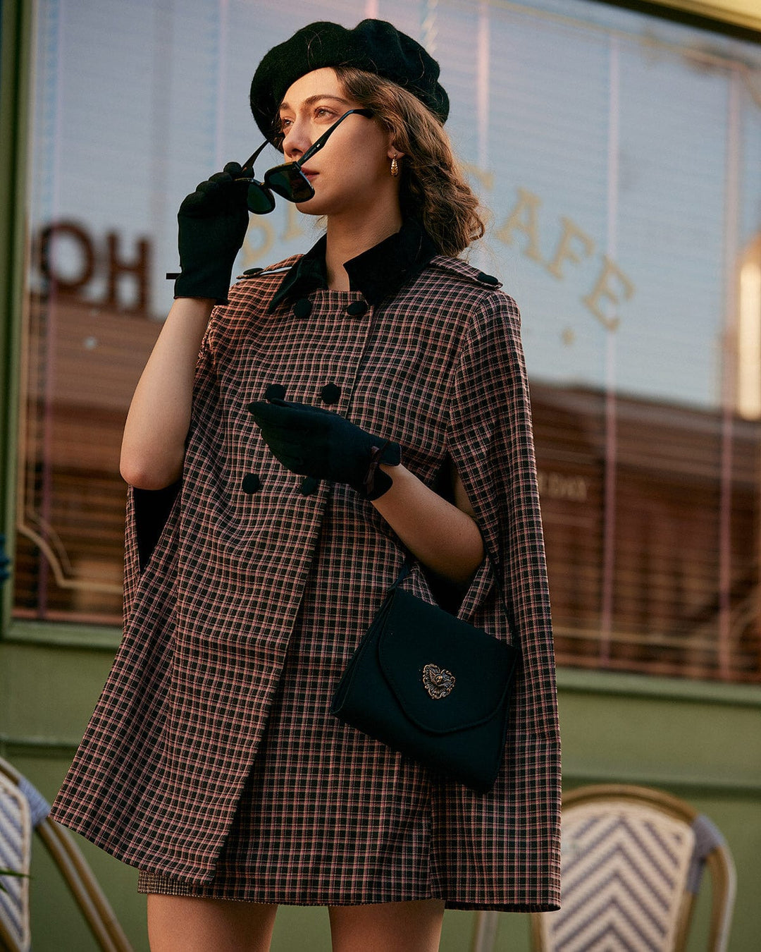 The Double-breasted Plaid Cape Coat - Celestia Couture