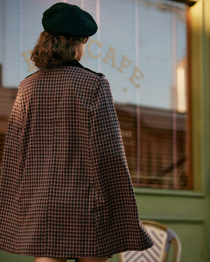 The Double-breasted Plaid Cape Coat - Celestia Couture