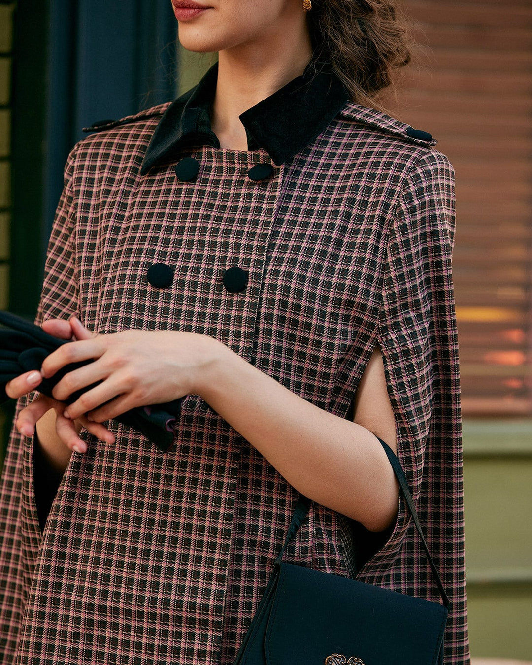 The Double-breasted Plaid Cape Coat - Celestia Couture