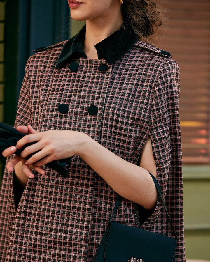 The Double-breasted Plaid Cape Coat - Celestia Couture