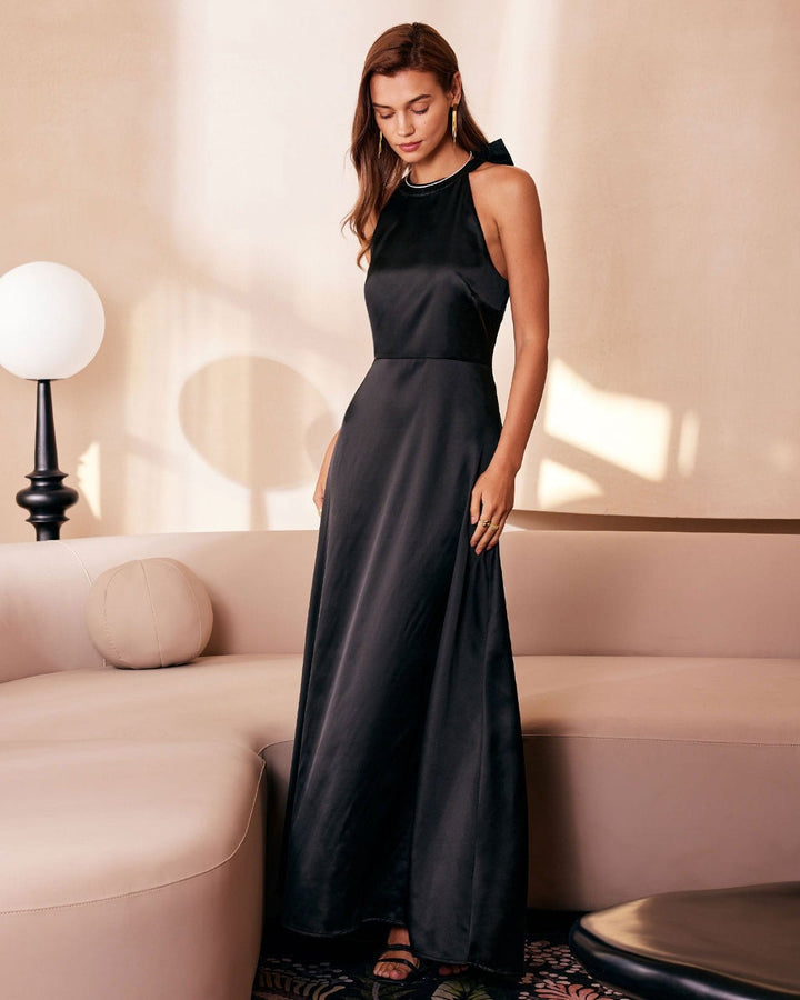 The Black Halter Bowknot Cutout Maxi Dress - Celestia Couture