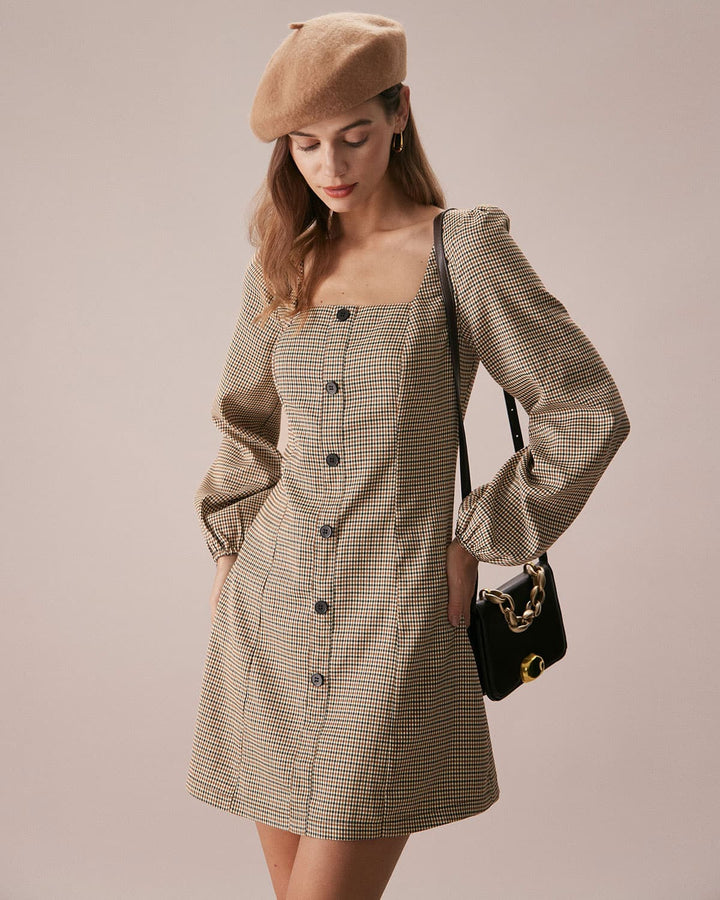 The Khaki Square Neck Plaid Button Mini Dress - Celestia Couture