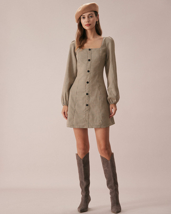 The Khaki Square Neck Plaid Button Mini Dress - Celestia Couture