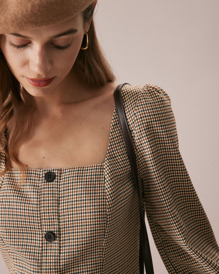 The Khaki Square Neck Plaid Button Mini Dress - Celestia Couture