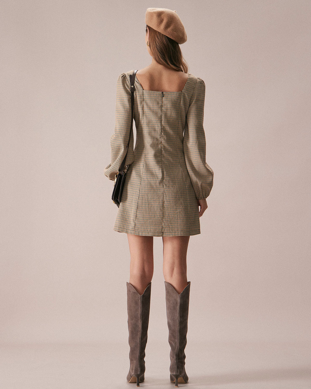 The Khaki Square Neck Plaid Button Mini Dress - Celestia Couture