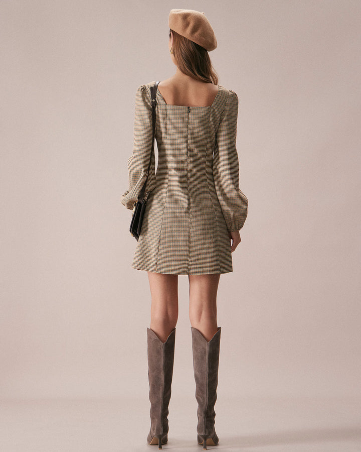The Khaki Square Neck Plaid Button Mini Dress - Celestia Couture