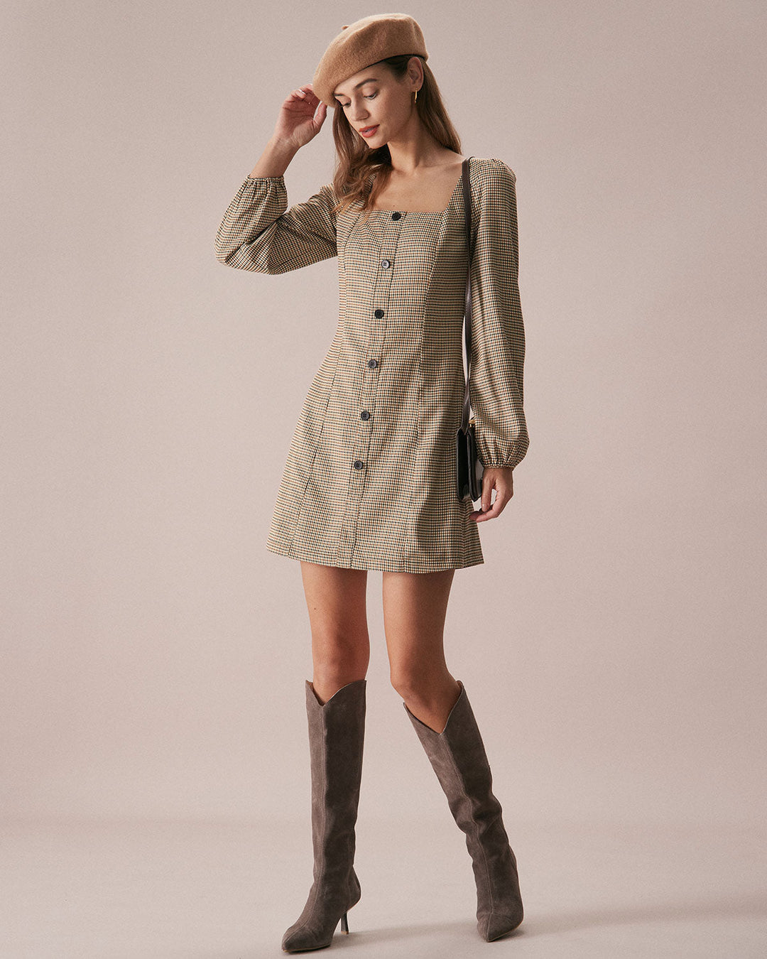 The Khaki Square Neck Plaid Button Mini Dress - Celestia Couture