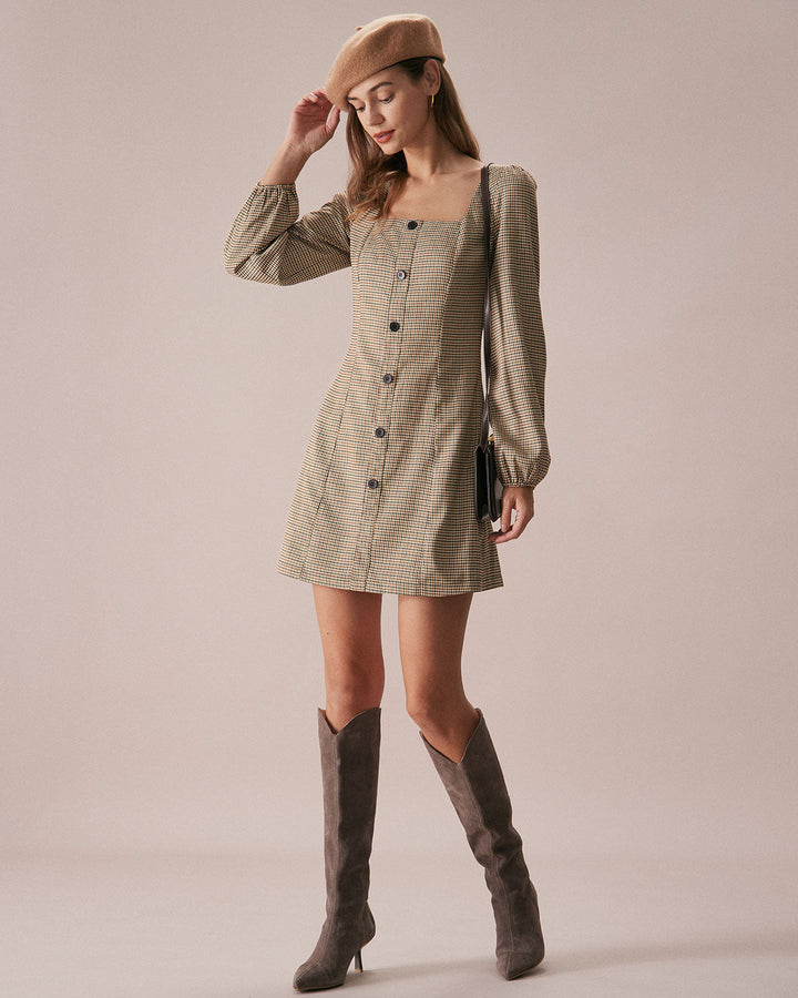 The Khaki Square Neck Plaid Button Mini Dress - Celestia Couture