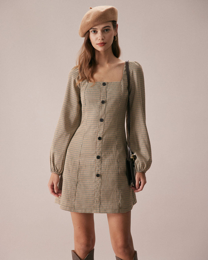 The Khaki Square Neck Plaid Button Mini Dress - Celestia Couture