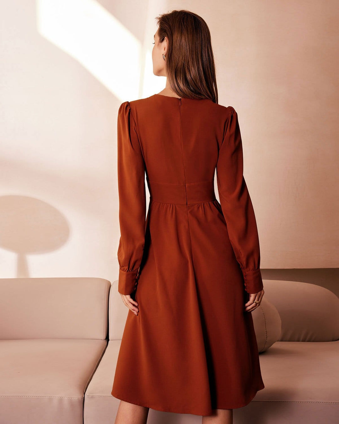 The Orange V Neck Pleated Button Midi Dress - Celestia Couture