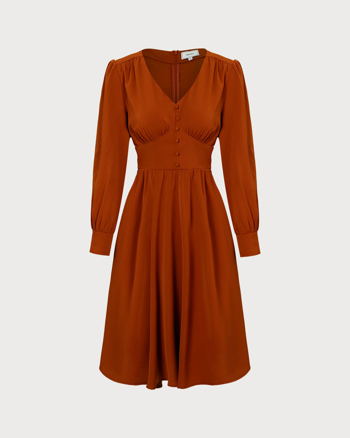 The Orange V Neck Pleated Button Midi Dress - Celestia Couture