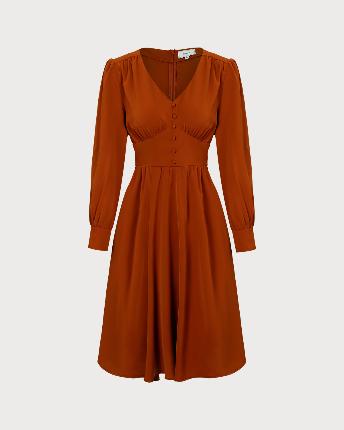 The Orange V Neck Pleated Button Midi Dress