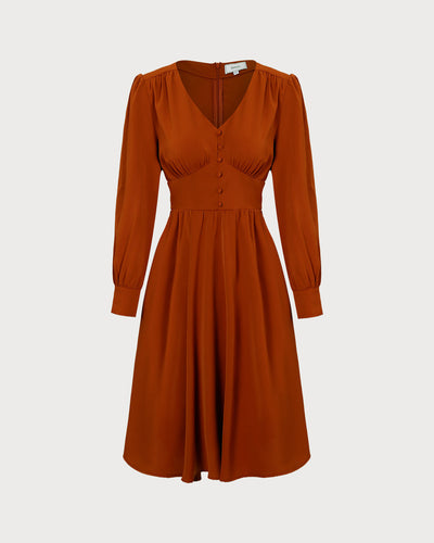 The Orange V Neck Pleated Button Midi Dress
