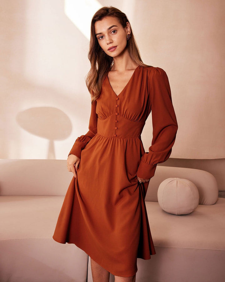 The Orange V Neck Pleated Button Midi Dress - Celestia Couture