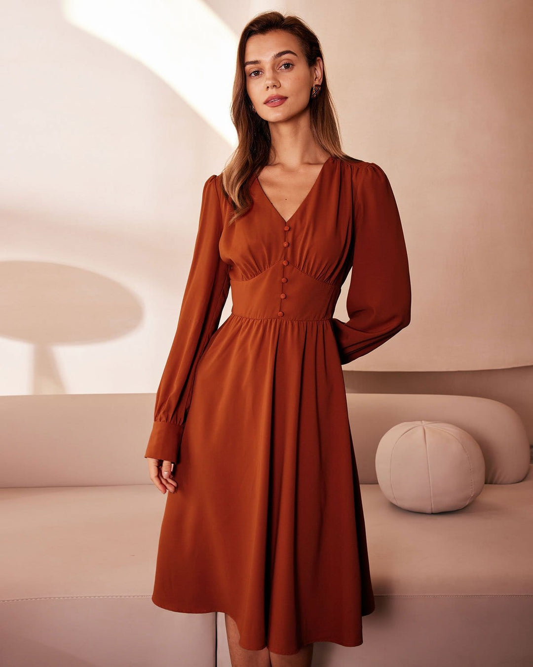 The Orange V Neck Pleated Button Midi Dress - Celestia Couture