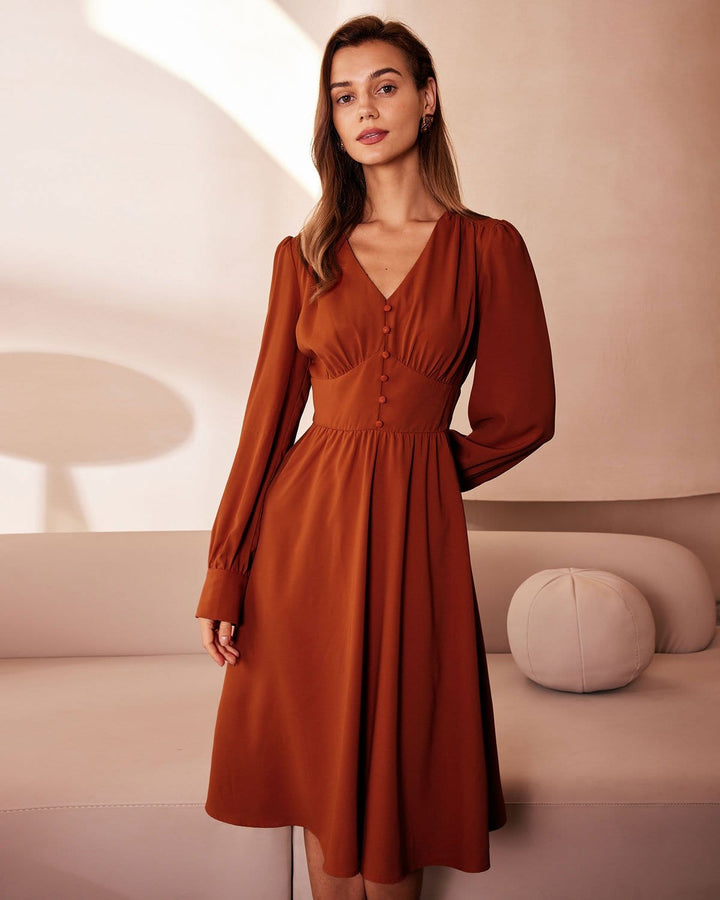 The Orange V Neck Pleated Button Midi Dress - Celestia Couture