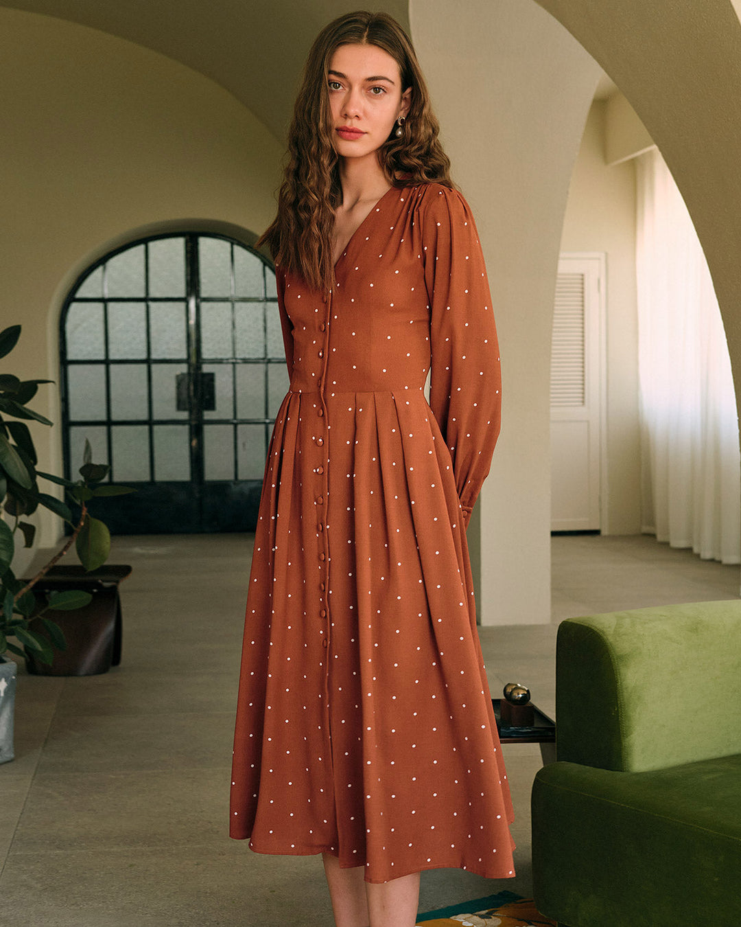 Brown Polka Dot Pleated Midi Dress - Celestia Couture