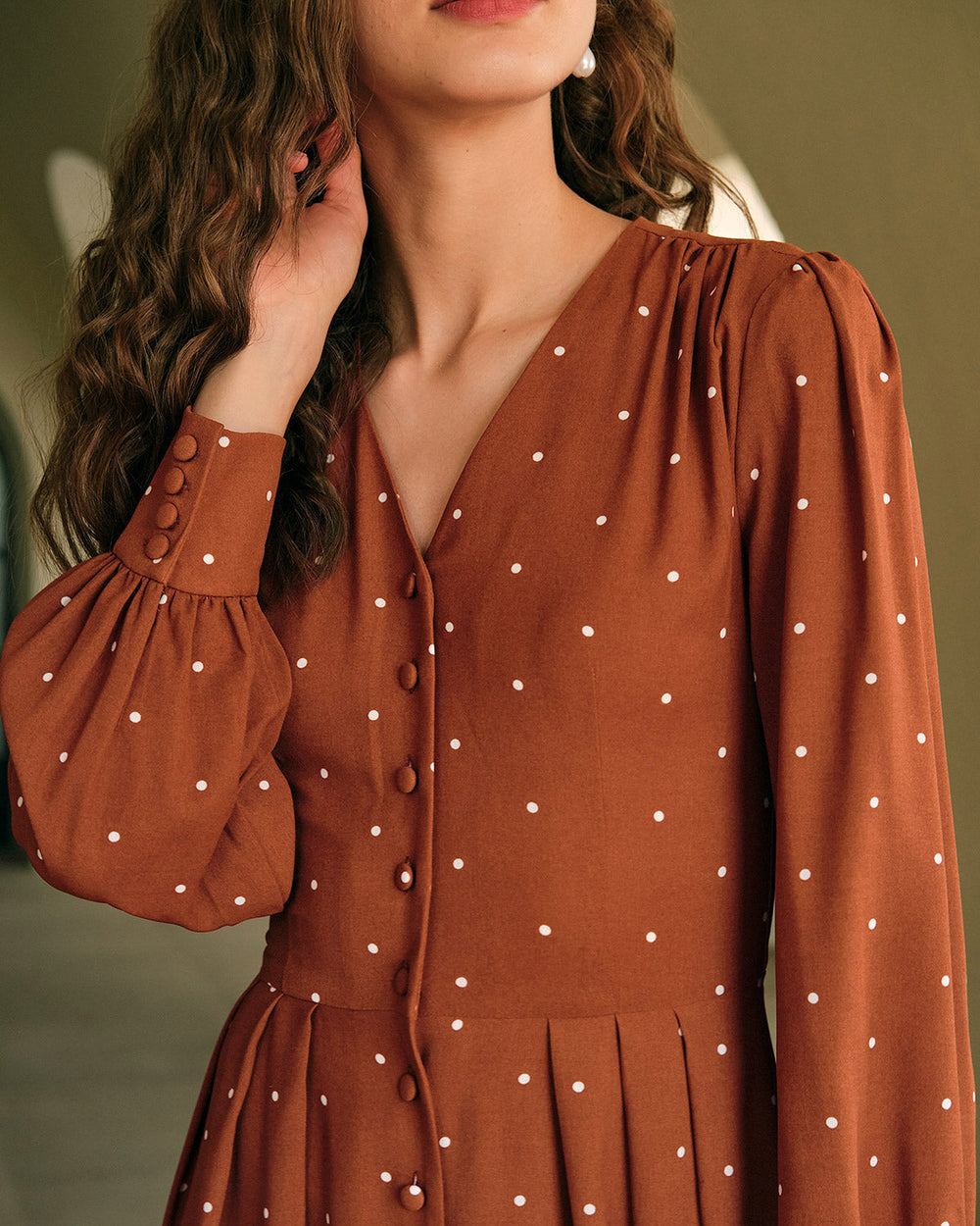 Brown Polka Dot Pleated Midi Dress - Celestia Couture