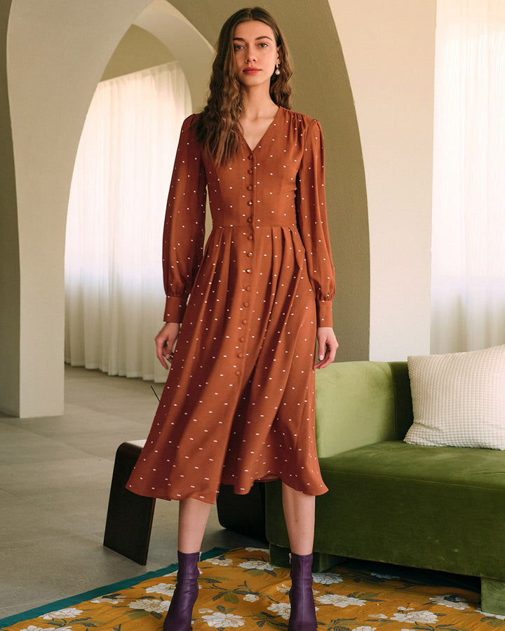 Brown Polka Dot Pleated Midi Dress - Celestia Couture