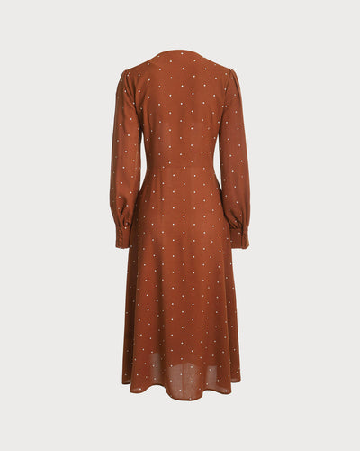 Brown Polka Dot Pleated Midi Dress