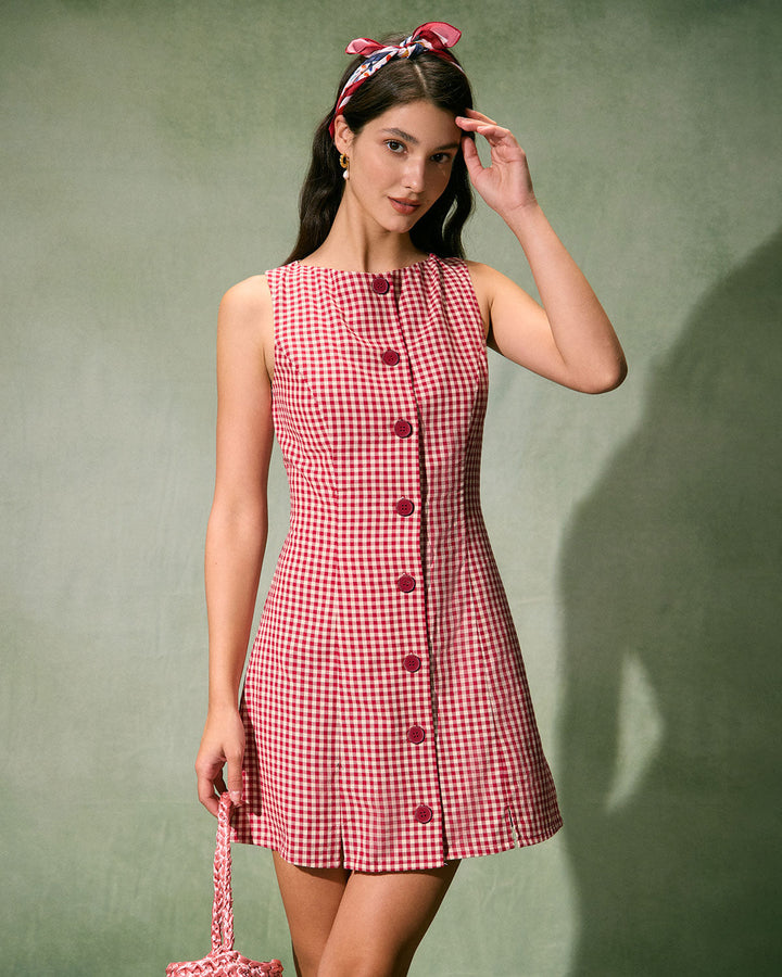 The Red Boat Neck Plaid Mini Dress - Celestia Couture