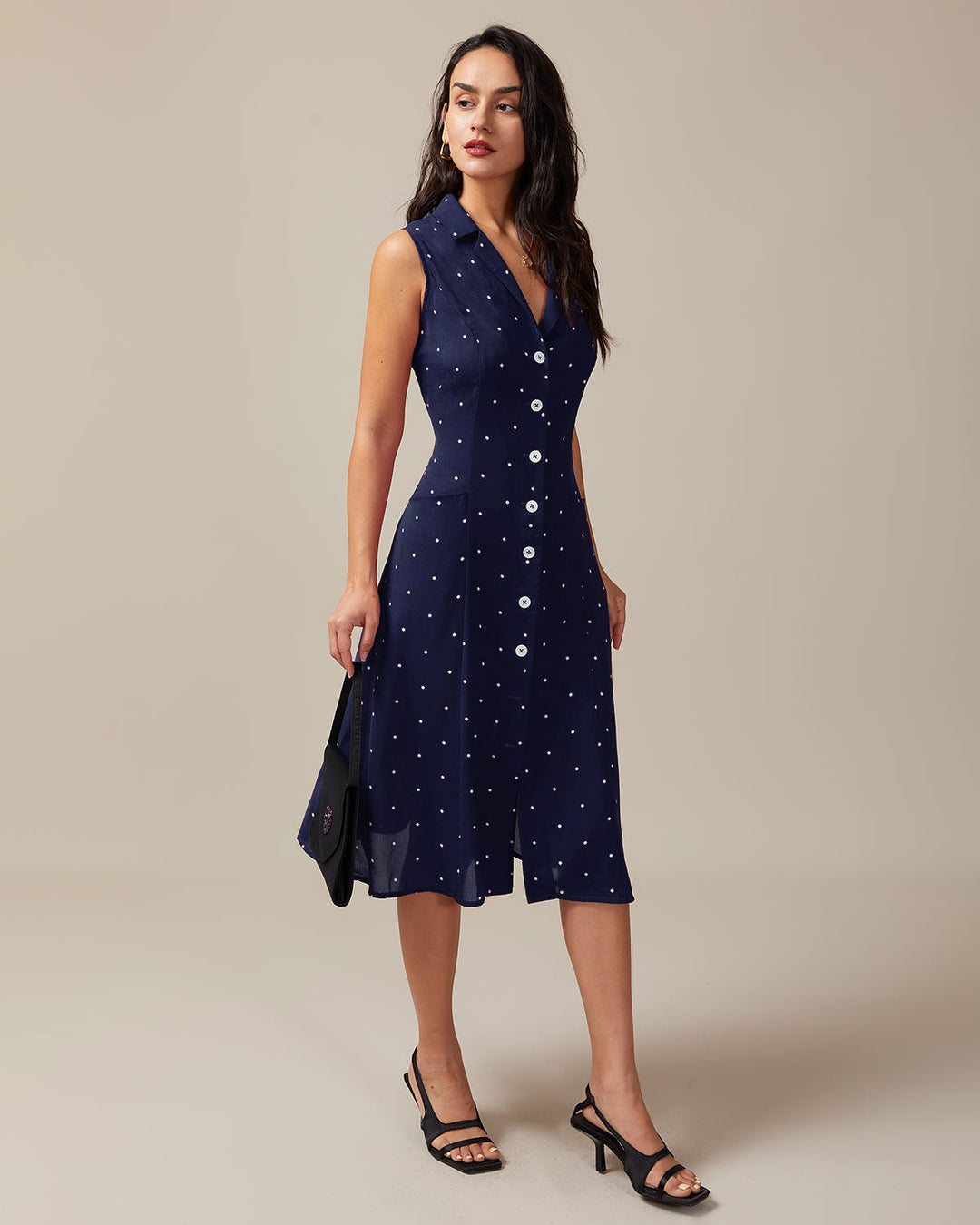 Navy V Neck Polka Dot Tie Back Midi Dress - Celestia Couture