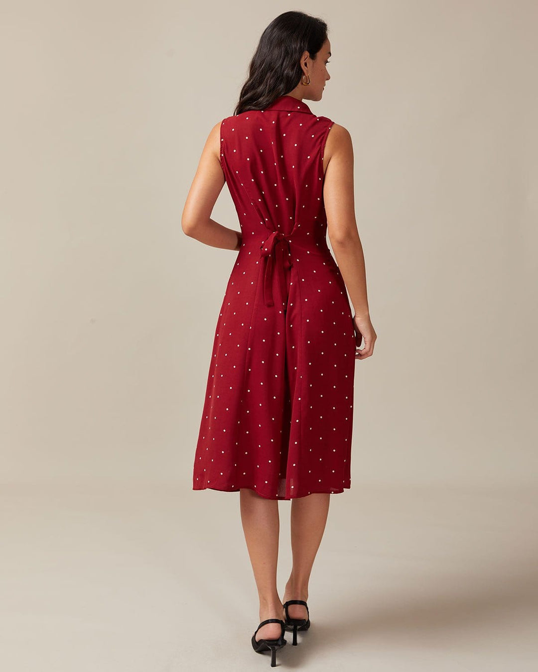 The Red V Neck Polka Dot Tie Back Midi Dress - Celestia Couture