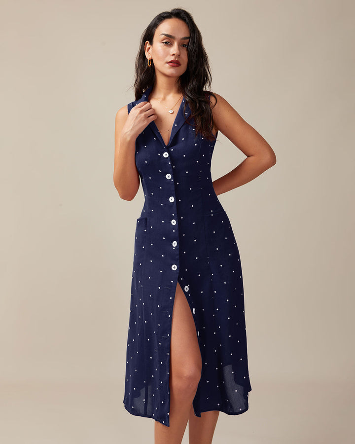 Navy V Neck Polka Dot Tie Back Midi Dress - Celestia Couture