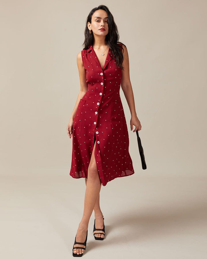 The Red V Neck Polka Dot Tie Back Midi Dress - Celestia Couture