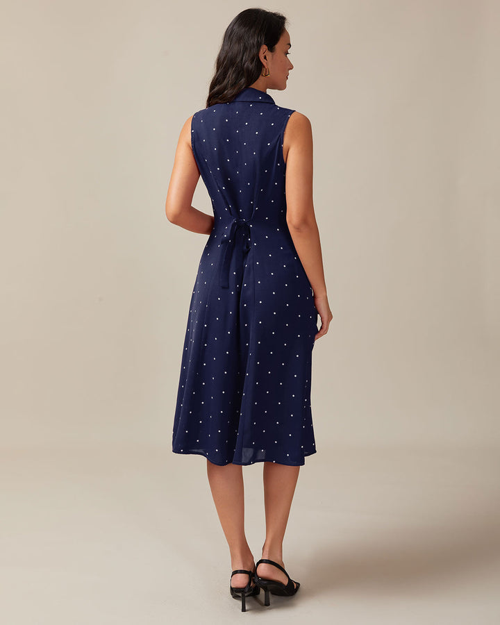 Navy V Neck Polka Dot Tie Back Midi Dress - Celestia Couture