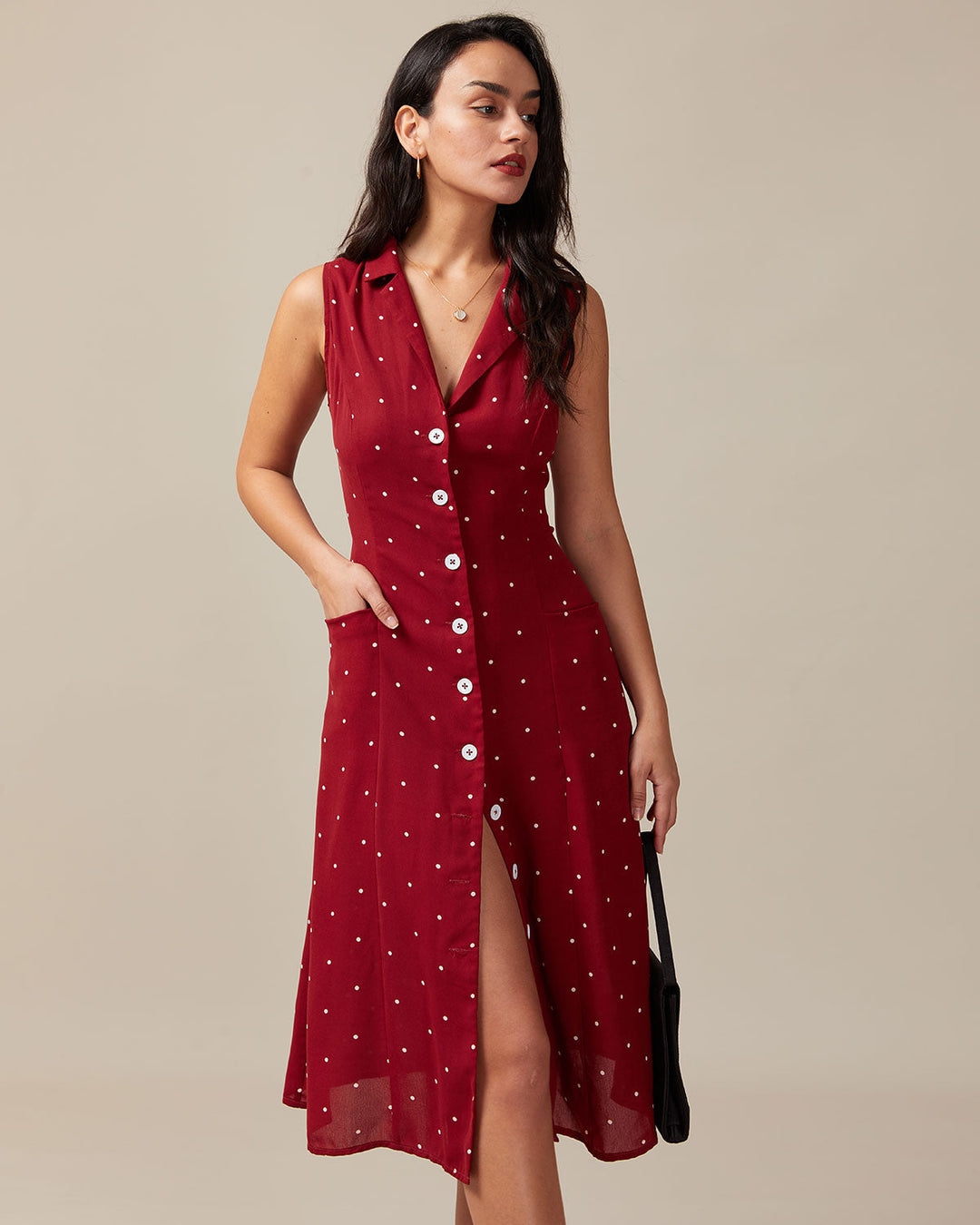 The Red V Neck Polka Dot Tie Back Midi Dress - Celestia Couture