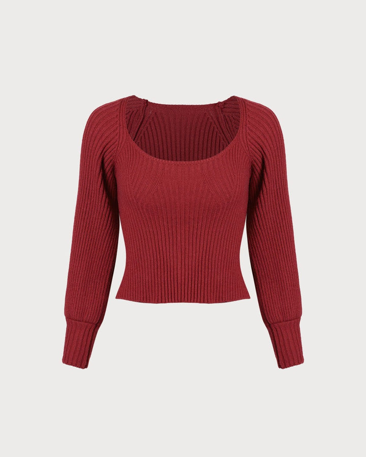 The Red Scoop Neck Lantern Sleeve Sweater - Celestia Couture