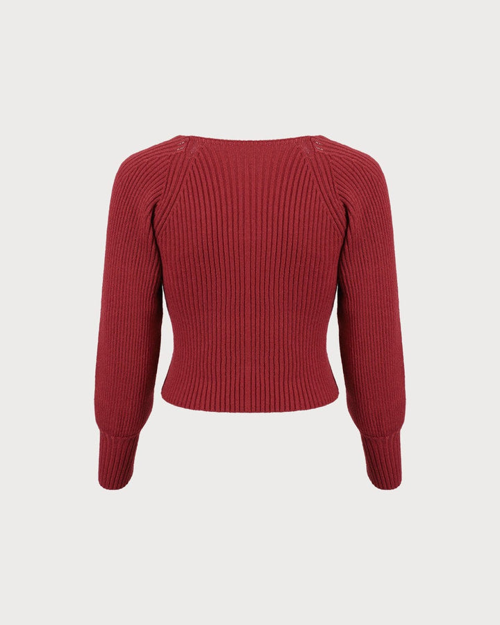 The Red Scoop Neck Lantern Sleeve Sweater - Celestia Couture