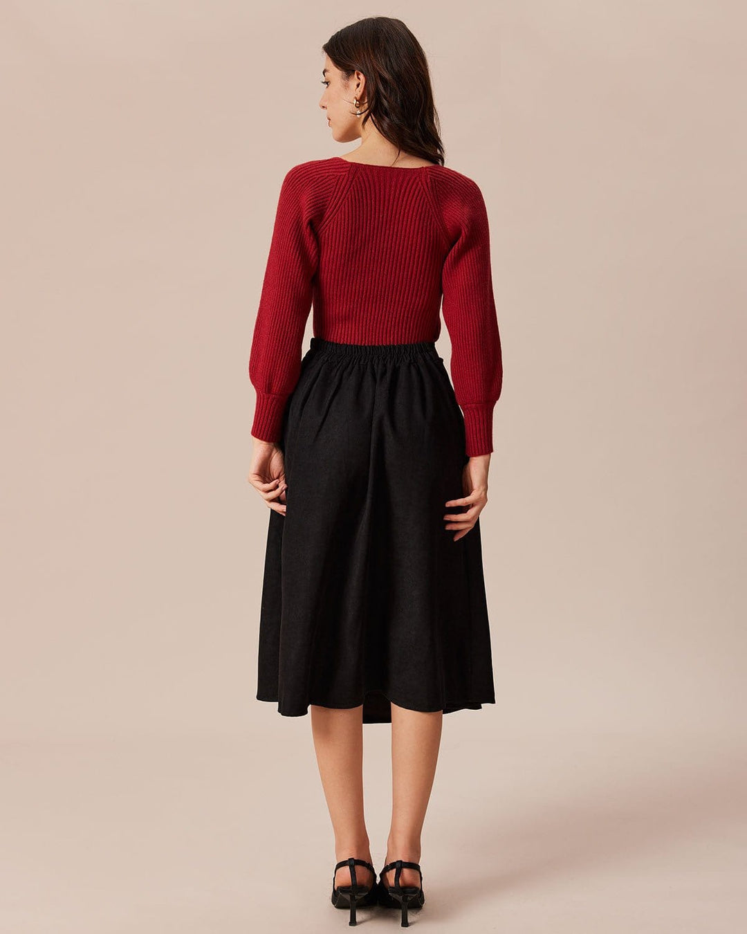 The Red Scoop Neck Lantern Sleeve Sweater - Celestia Couture