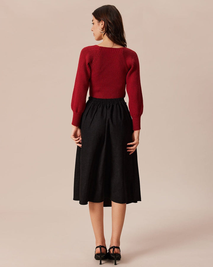 The Red Scoop Neck Lantern Sleeve Sweater - Celestia Couture