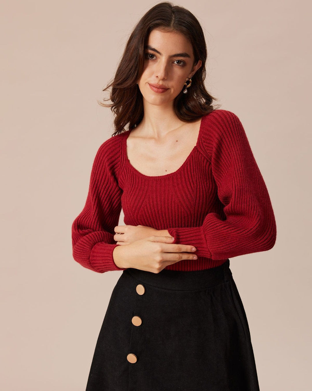 The Red Scoop Neck Lantern Sleeve Sweater - Celestia Couture