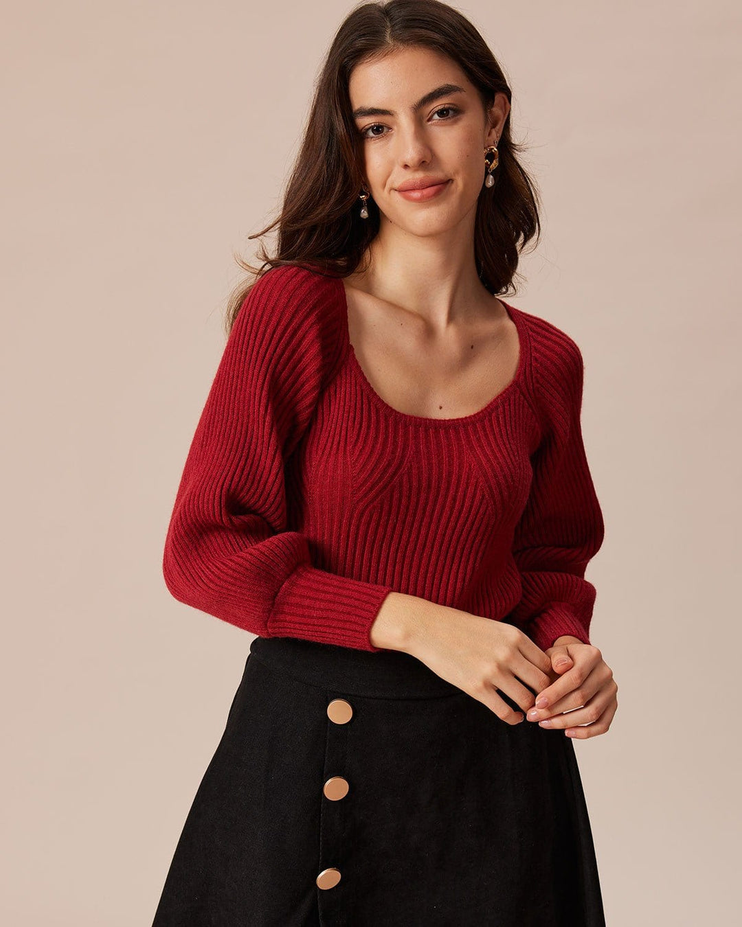 The Red Scoop Neck Lantern Sleeve Sweater - Celestia Couture