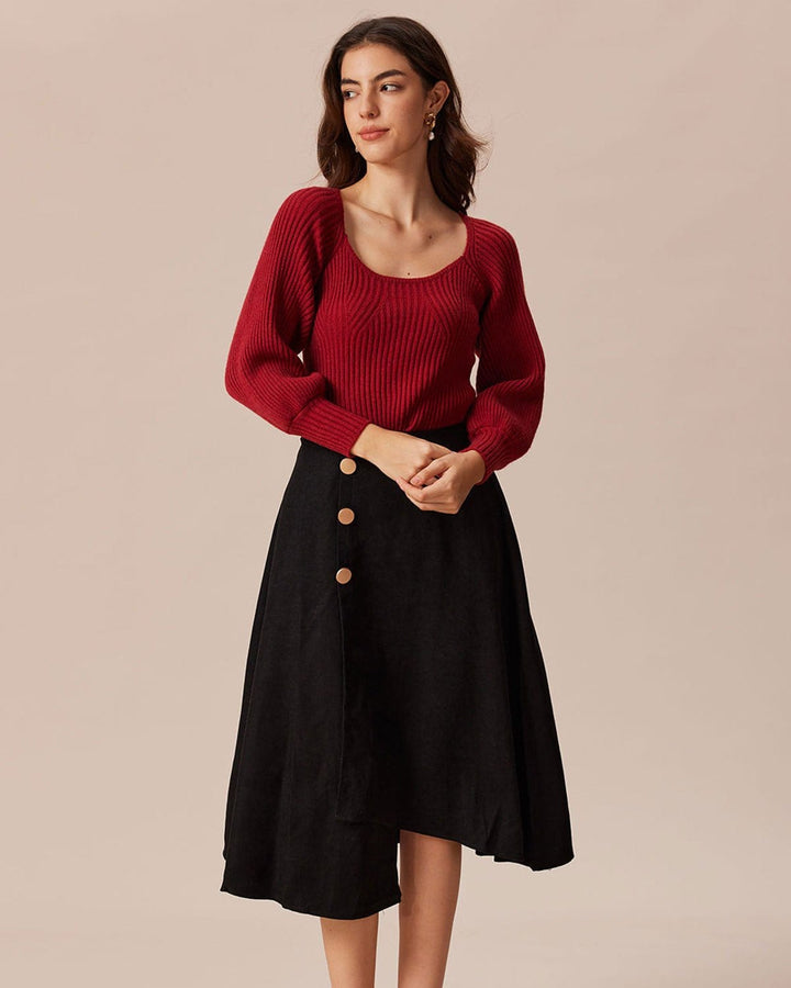 The Red Scoop Neck Lantern Sleeve Sweater - Celestia Couture