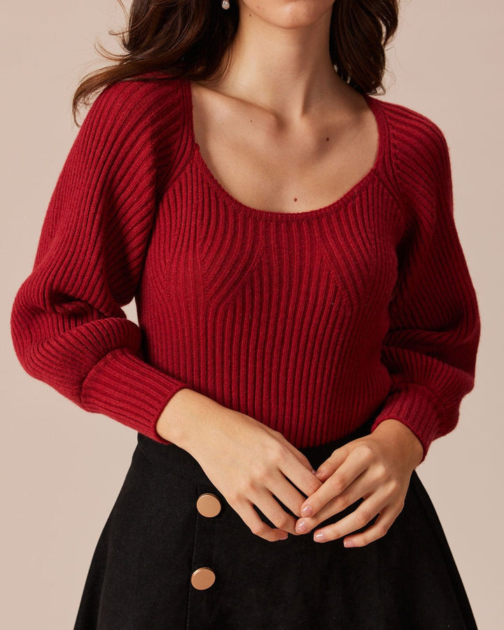 The Red Scoop Neck Lantern Sleeve Sweater - Celestia Couture