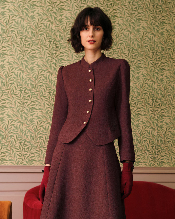 Burgundy Retro Single-breasted Tweed Jacket - Celestia Couture